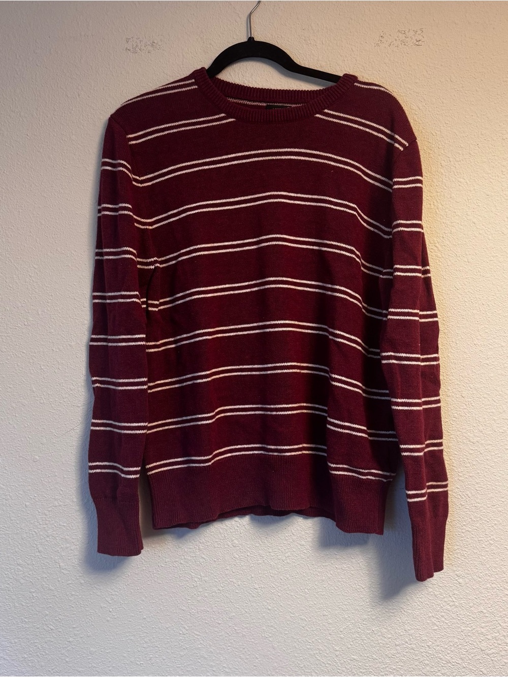 J. Crew Men's Wine and White Striped Crewneck Sweater